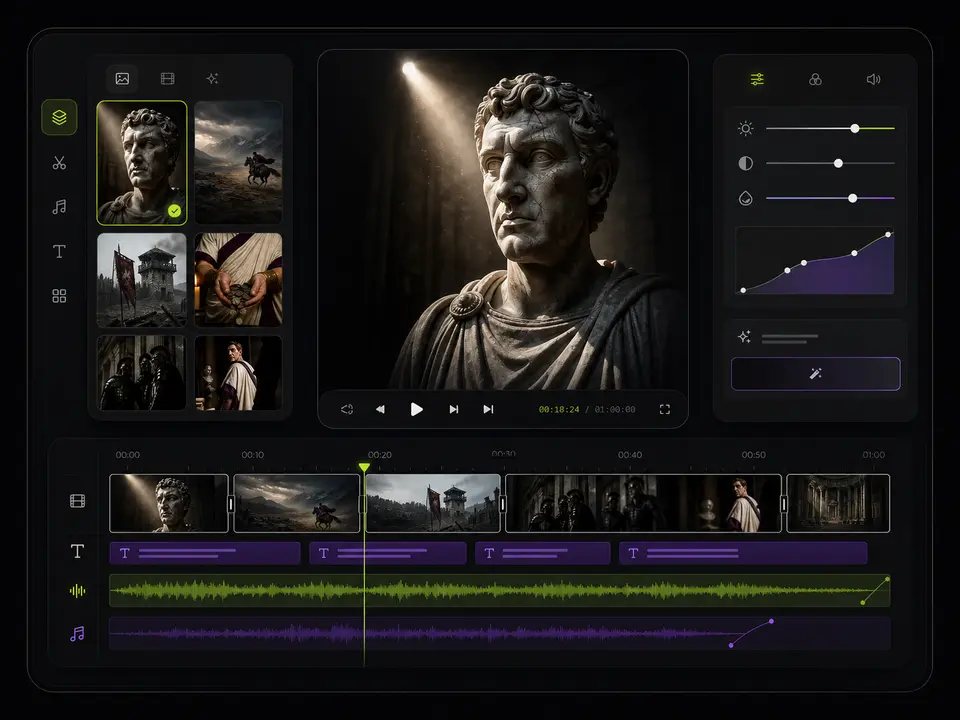 Timeline editor used to refine pacing, timing, and visual clips in an AI short video workflow