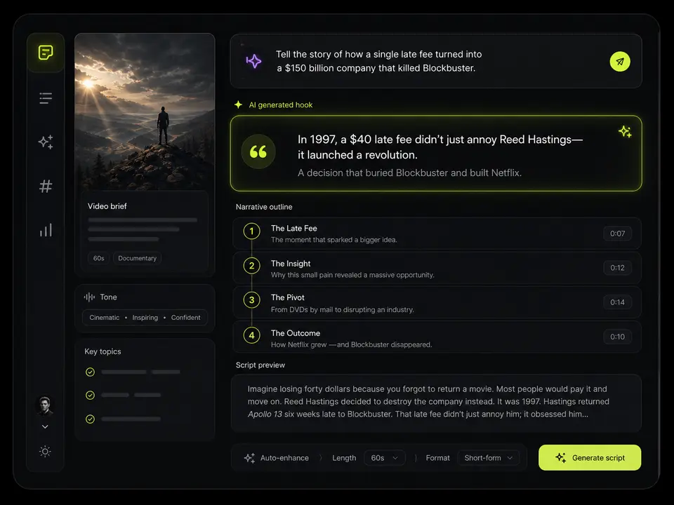 AI script generation workspace with an agent writing a narration-ready short video script